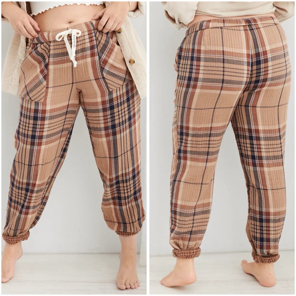 Aerie Soft Gauze Pajama Joggers Women's Size Medium Brown Cappuccino Plaid